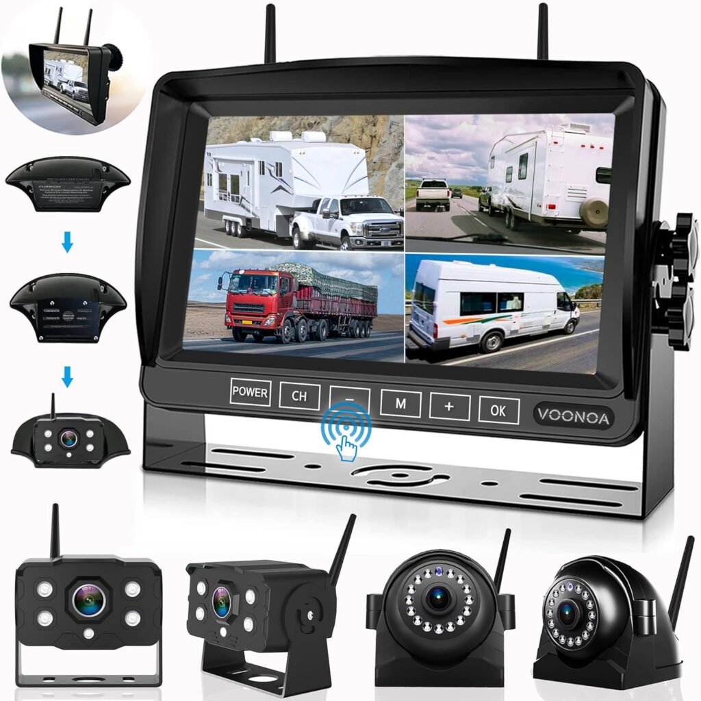 1080P Wireless RV Camera System, IP69 Waterproof Night Vision RV Backup Camera Side Rear View Camera 4 with 7 Inch HD Monitor DVR Recording for RV Truck Trailer Camper Compatible with Furrion Mount