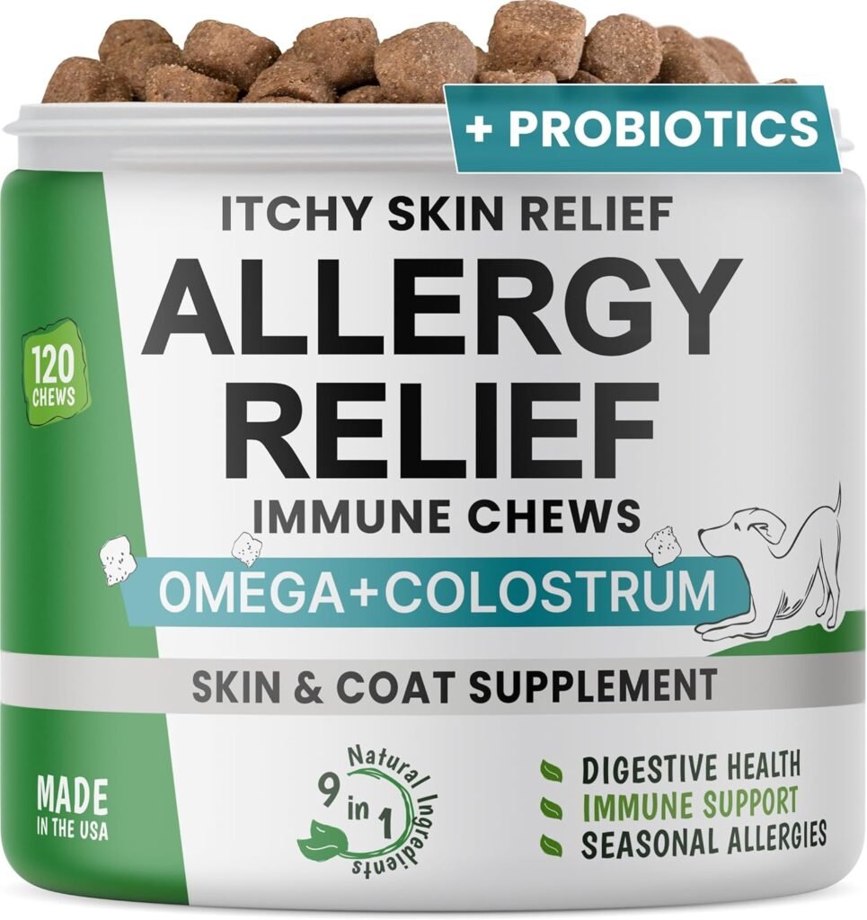 Allergy Relief Dog Chews - Itchy Skin Relief w/Probiotics + Omega 3 + Colostrum - Seasonal Allergies - Anti-Itch Treats - Skin Coat + Immune Supplement - Made in USA - Chicken Flavor - 120 Ct