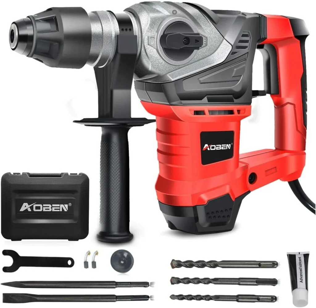 AOBEN 1-1/4 Inch SDS-Plus Rotary Hammer Drill with Vibration Control and Safety Clutch,13 Amp Heavy Duty Demolition Hammer for Concrete-Including 3 Drill Bits,Flat Chisels, Point Chisels.