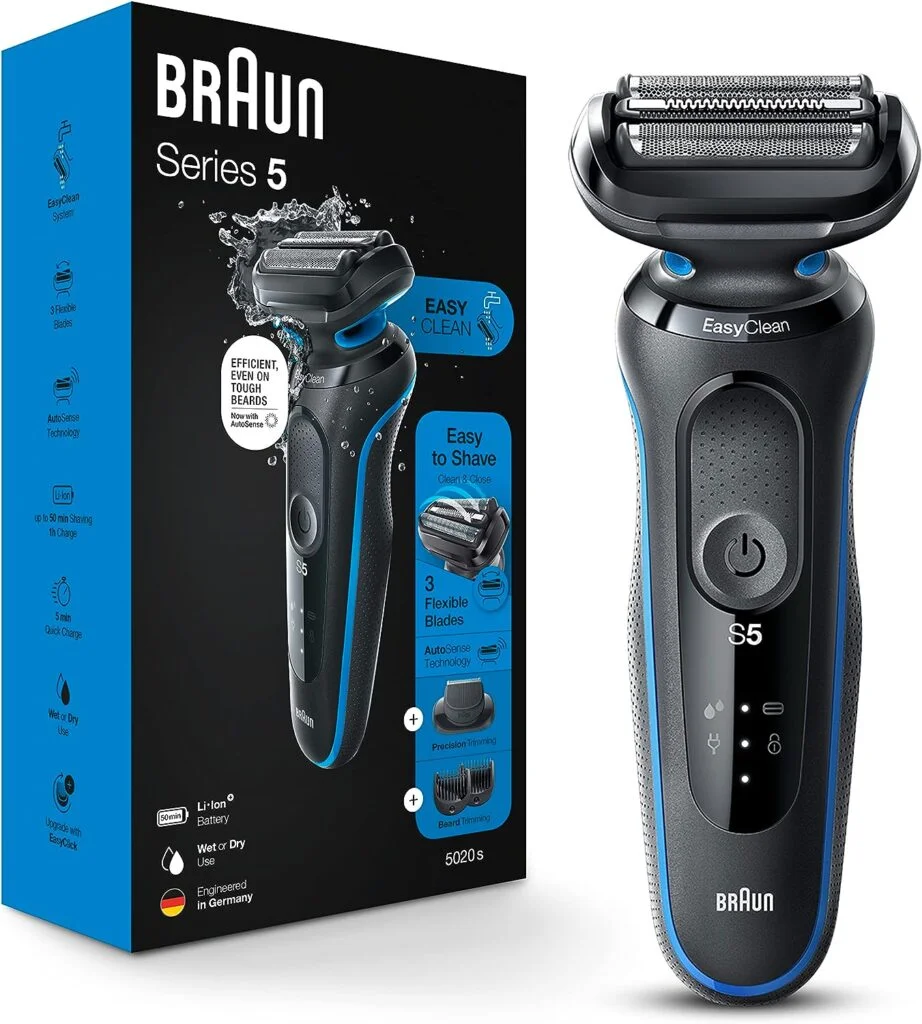 Braun Series 5 5020 Electric Razor for Men Foil Shaver with Beard Trimmer, Rechargeable, Wet Dry with EasyClean, Black, 5 Piece Set