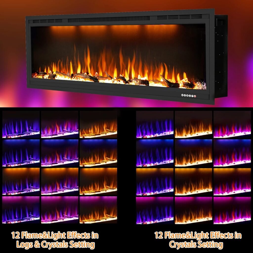 Dreamflame 60 inch Electric Fireplace, Recessed and Wall Mounted Fireplace Heater, 750/1500W Thermostat with Remote Control, Realistic Flame Combinations, Black (60)