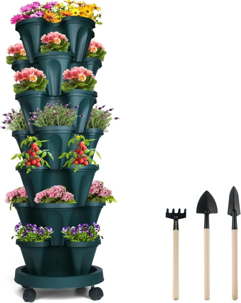 DUNCHATY Stackable Planter with Removable Wheels and Tools, Tower Garden Planters, Indoor Outdoor Gardening Pots - 7 Tier Vertical Garden Planter