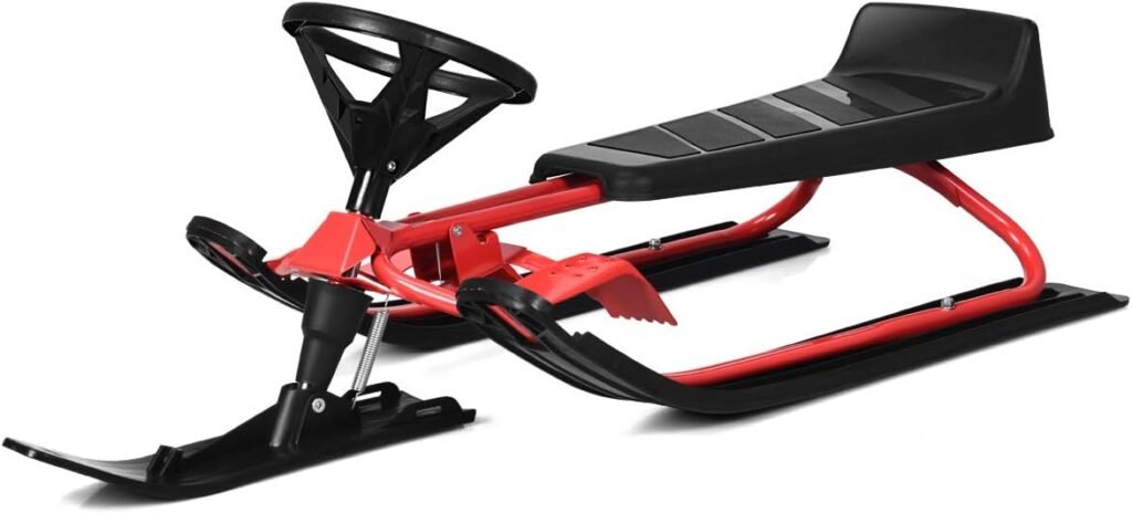 Goplus Snow Racer Sled, Ski Sled Slider Board with Steering Wheel, Twin Brakes, Retractable Pull Rope, for Kids Age 6 up, Holds Two Children or a Teenager