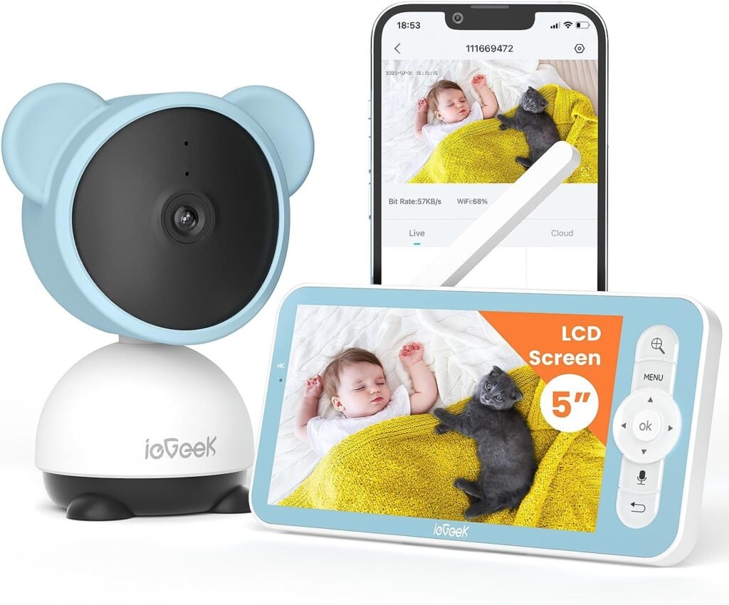 ieGeek Video Baby Monitor with Audio- 5 1080P WiFi Baby Camera with Night Vision, Two-Way Talk, Motion Sound Detection for Kid/Elderly/Pet Monitoring, Plug Play, APP and Screen