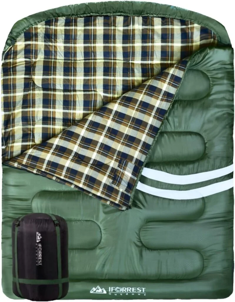 IFORREST Cotton Flannel Double Sleeping Bag for Adults - 2 Person 10°F Cold Weather Couples Camping Bed(All Seasons), Extra-Wide Warm - Queen Sized XXL