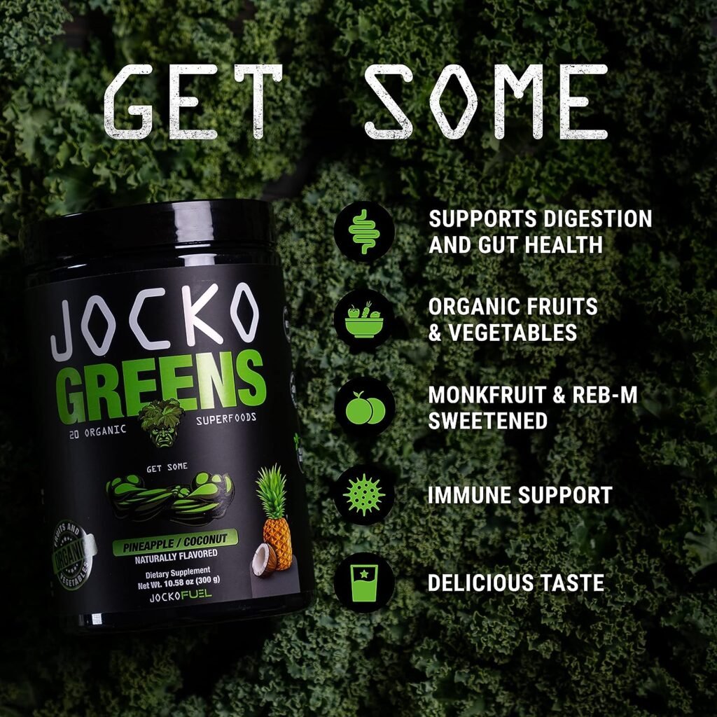 Jocko Fuel Greens Powder (Coconut/Pineapple Flavor) - Organic Greens Superfood Powder for Healthy Green Juice - Keto Friendly with Spirulina, Chlorella, Digestive Enzymes, Probiotics - 30 Servings