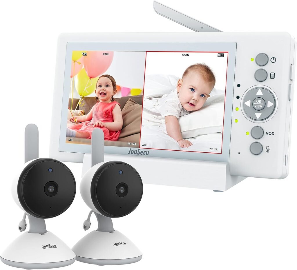 JouSecu Baby Monitor with 2 Cameras, Video Baby Monitor with Camera and Audio No WiFi, 5 inch Split Screen with 20Hour Long Battery Life 1000ft Range, Night Vision, 2-Way Talk
