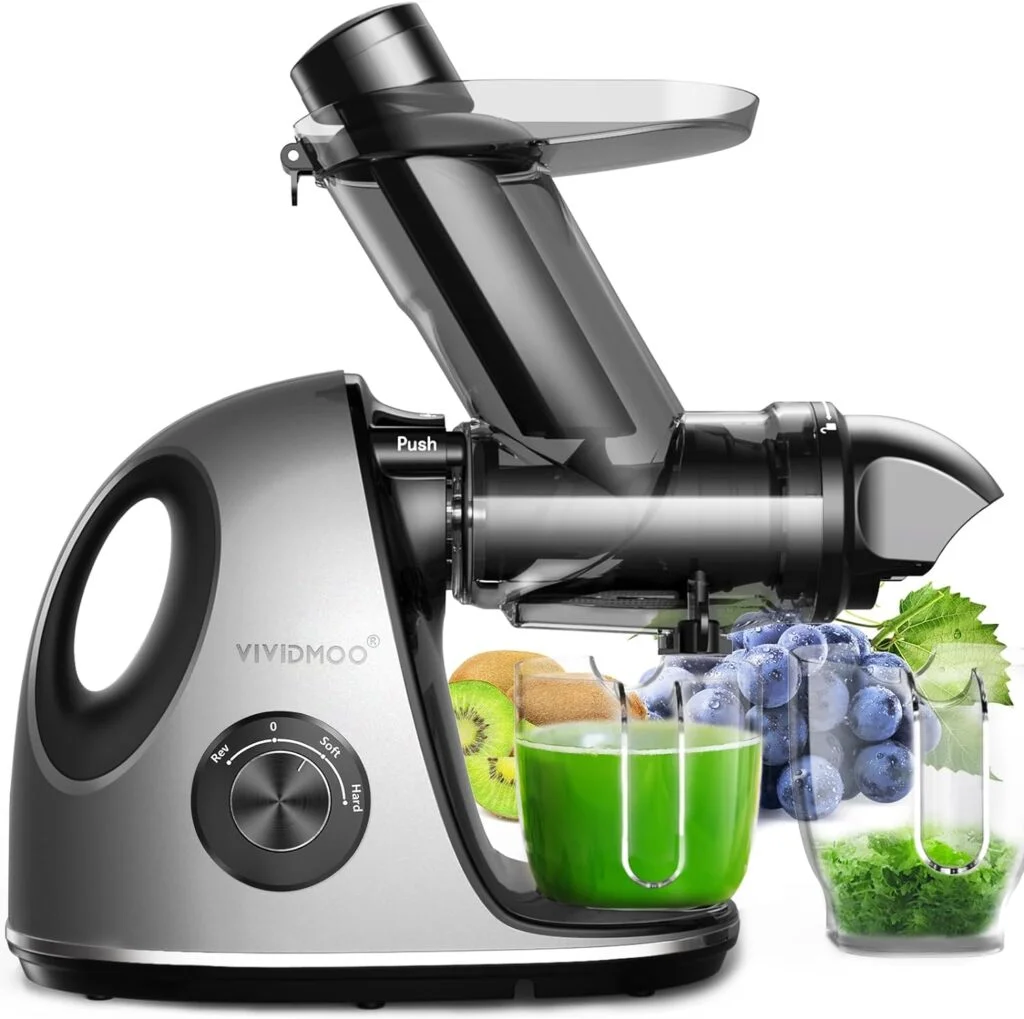 Juicer Machines, Cold Press Juicer Machines 3 inches Wide Chute, Vividmoo Slow Masticating Juicer, Celery Juicers with Reverse Function Quiet Motor, High Yield Juice Extractor with Handle, Recipe for Vegetables and Fruits, Grey