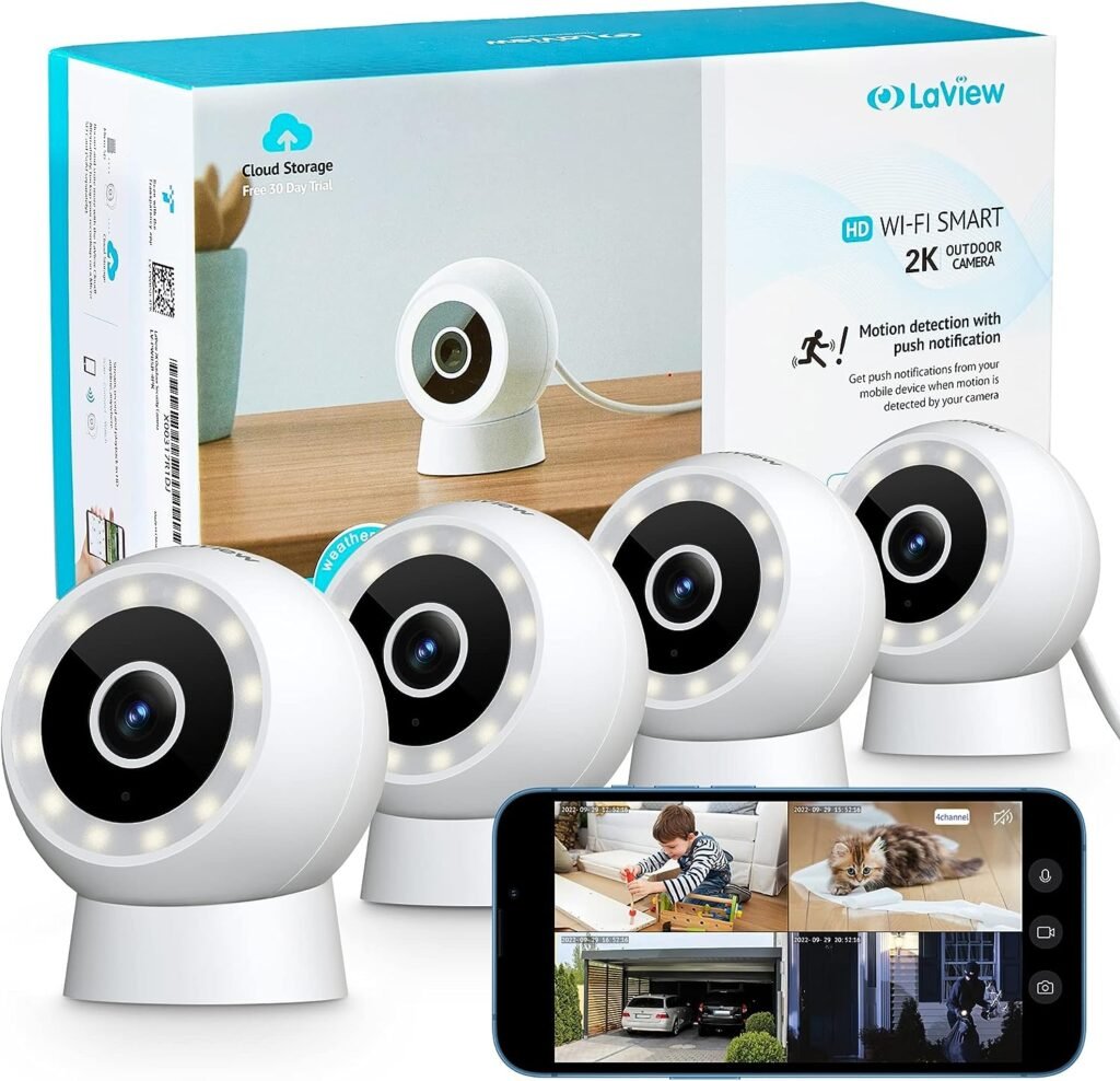 LaView 4MP Security Cameras Outdoor Indoor 4pc,2K Wired Cameras for Home Security with Starlight Color Night Vision,IP65 Spotlight Security Camera 2.4G,2-Way Audio,AI Human Detection,Works with Alexa