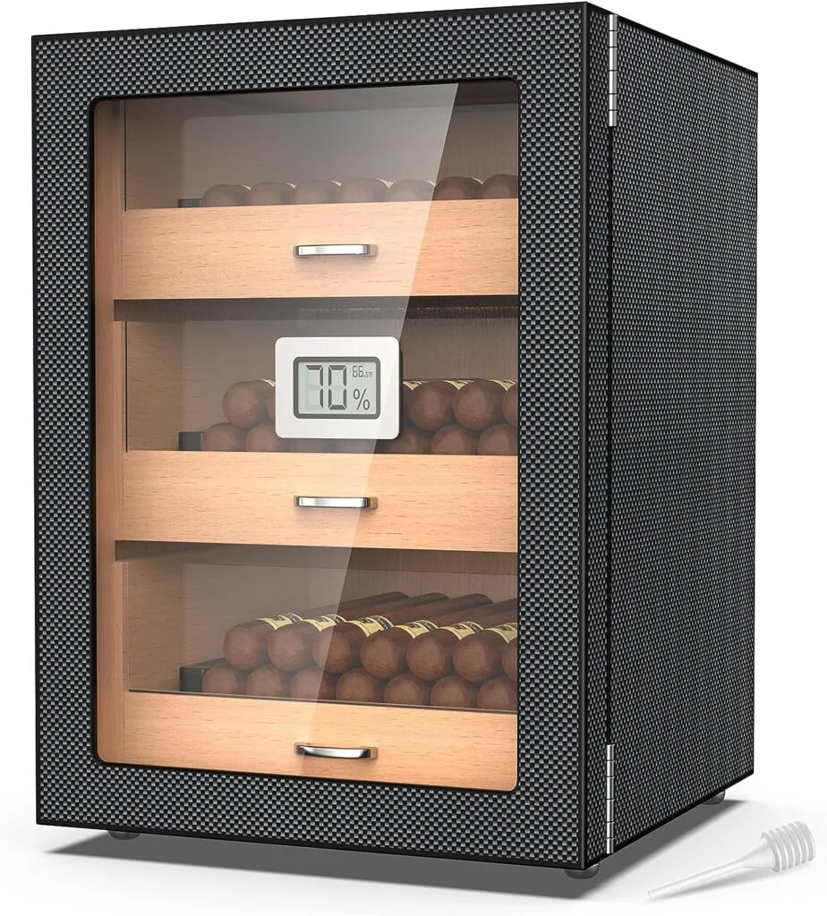 Mojgar Cigar Humidor Cabinet 3 Layer,Storage 100-150 Counts, Large Spanish Cedar Wooden Cabinet Contain Humidifier 3 Drawers,Carbon Fiber Texture,Digital Hygrometer,Gifts for Men Husband Father