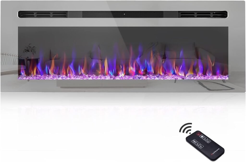 Ooiior 50 Inch Electric Fireplace, Recessed and Wall Mounted Fireplace with Remote Control, Ultra-Thin Fireplace Heater and Linear Fireplace, with Timer, Adjustable Flame Color, 750/1500W