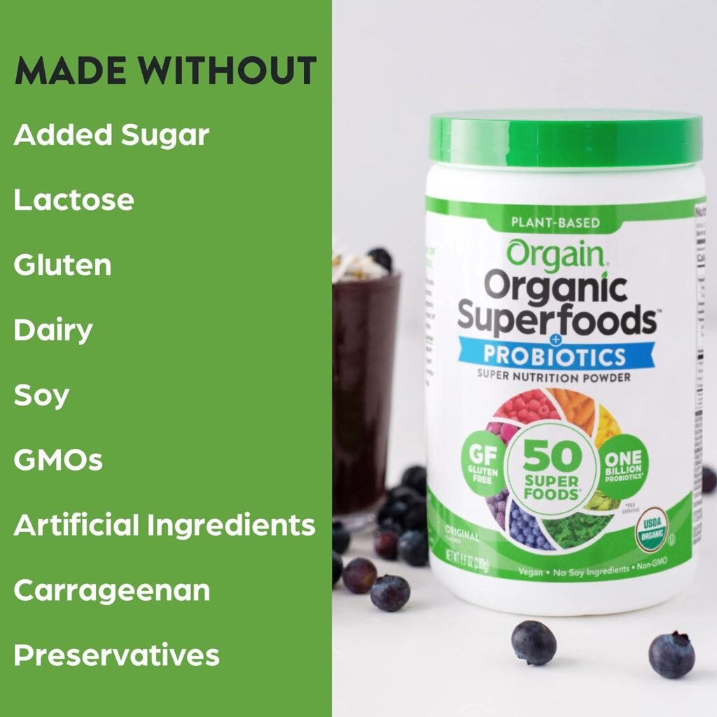 Orgain Organic Greens Powder + 50 Superfoods, Original - 1 Billion Probiotics for Gut Health, Antioxidants, Vegan, Plant Based, Gluten Free, Non GMO, Dairy Free Juice Smoothie Mix - 0.62lb