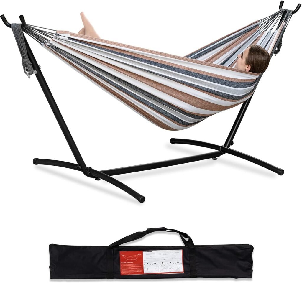 PNAEUT Double Hammock with Space Saving Steel Stand Included 2 Person Heavy Duty Outside Garden Yard Outdoor 450lb Capacity 2 People Standing Hammocks and Portable Carrying Bag (Coffee)