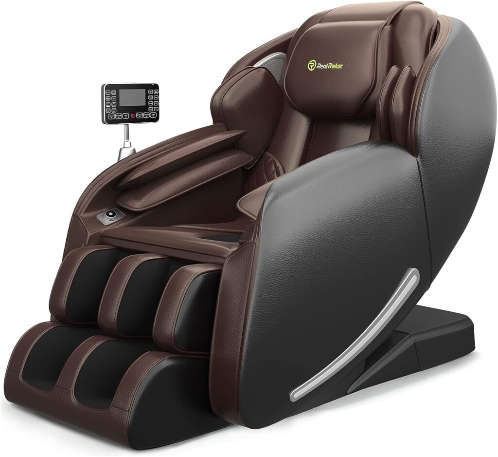 Real Relax Favor 06 Massage Chair Recliner Full Body Zero Gravity SL-Track Shiatsu with Heat Bluetooth Foot Roller, 57.48D x 28.34W x 42.12H Inch, Brown