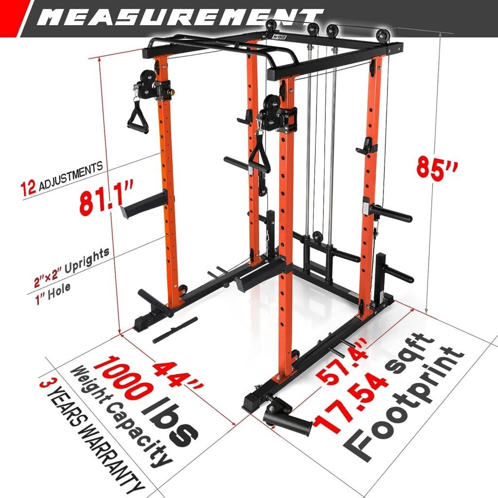 RitFit Multi-function Squat Rack Power Cage PPC03 with Cable Crossover System, 1000LBS Capacity Power Rack and Packages with Optional Weight Bench, Olympic Barbell Weight Set, for Garage Home Gym