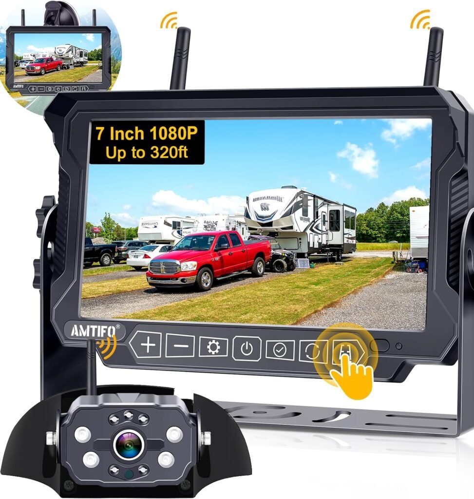 RV Backup Camera Wireless Easy Install: Plug-Play for Furrion Pre-Wired Mount 7 Inch Sensitive Touch Key Monitor 4 Channel Trailer Rear View Camera Loop Recording,No lag No Lost of Signal - AMTIFO A8