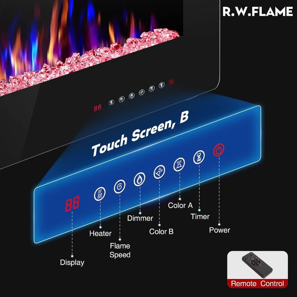 R.W.FLAME Electric Fireplace 50 inch Recessed and Wall Mounted,The Thinnest FireplaceLow Noise, Fit for 2 x 4 and 2 x 6 Stud, Remote Control with Timer,Touch Screen,Adjustable Flame Colors and Speed