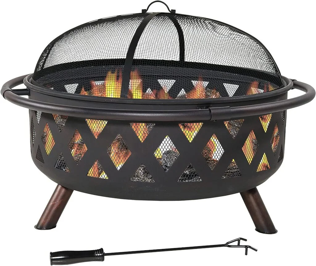 Sunnydaze Black Crossweave Large Outdoor Fire Pit - 36-Inch Heavy-Duty Wood-Burning Fire Pit with Spark Screen for Patio Backyard Bonfires - Includes Poker Round Fire Pit Cover