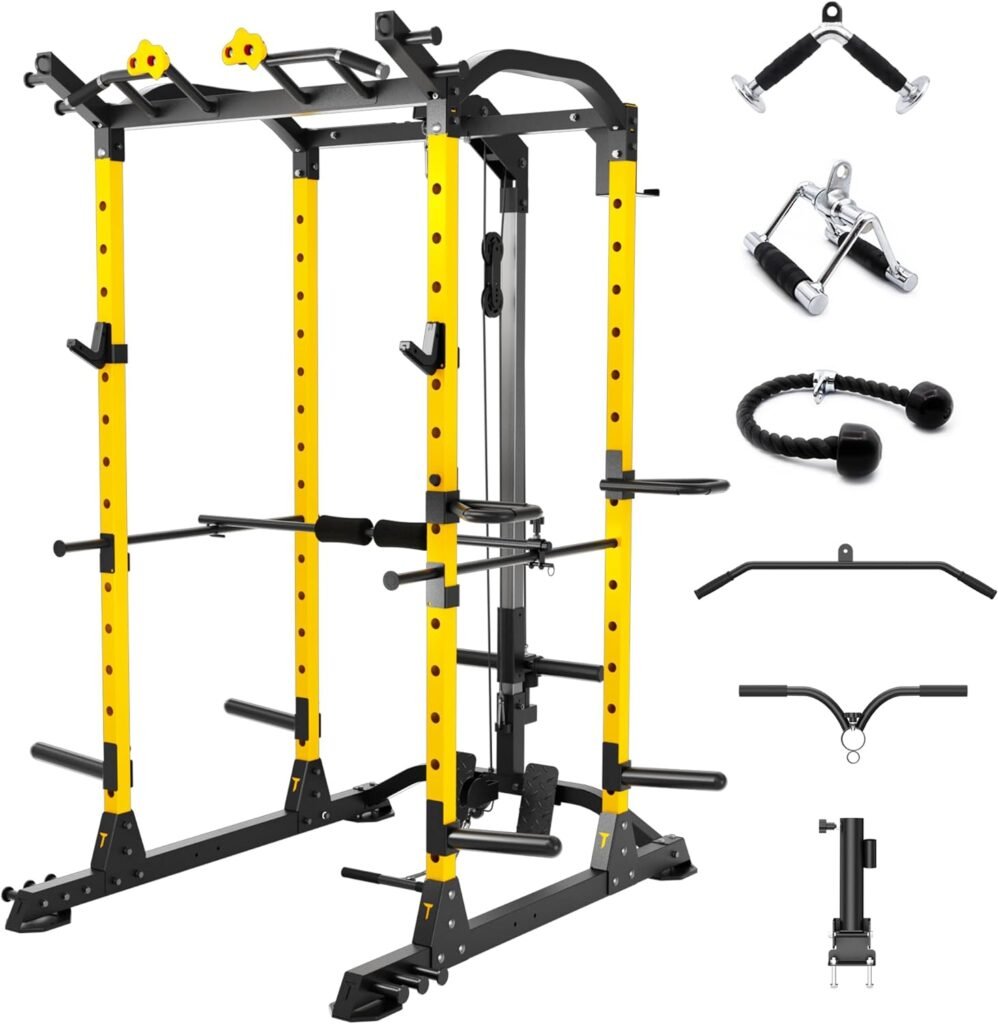 ToughFit Power Cage 1000lbs Squat Rack with Weights and Bar Set Multi-Function Power Rack Weight Cage with Lat Pull-Down/Adjustable Cable Crossover for Strength Training Garage Home Gym Equipment