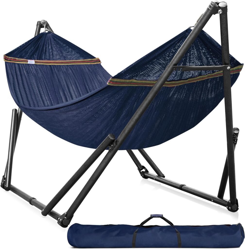 Tranquillo Double Hammock with Stand Included for 2 Persons/Foldable Hammock Stand 600 lbs Capacity Portable Case - Inhouse, Outdoor, Camping, Aegean