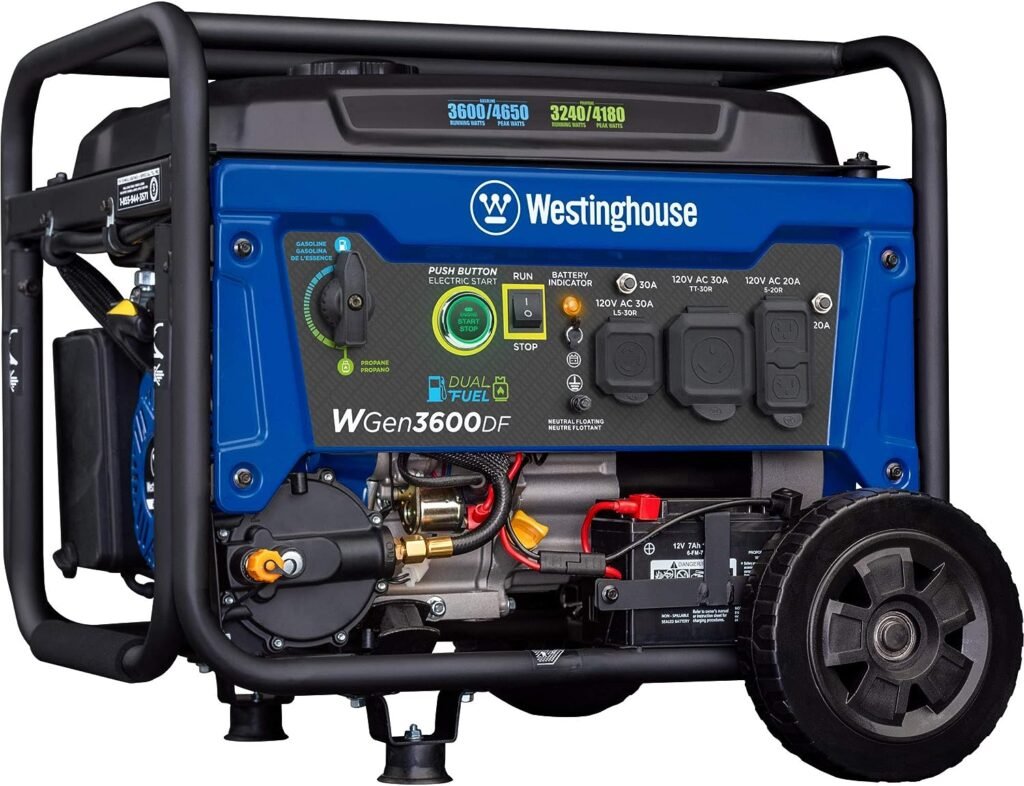 Westinghouse Outdoor Power Equipment 4650 Peak Watt Dual Fuel Portable Generator, Remote Electric Start with Auto Choke, RV Ready 30A Outlet, Gas Propane Powered, CARB Compliant