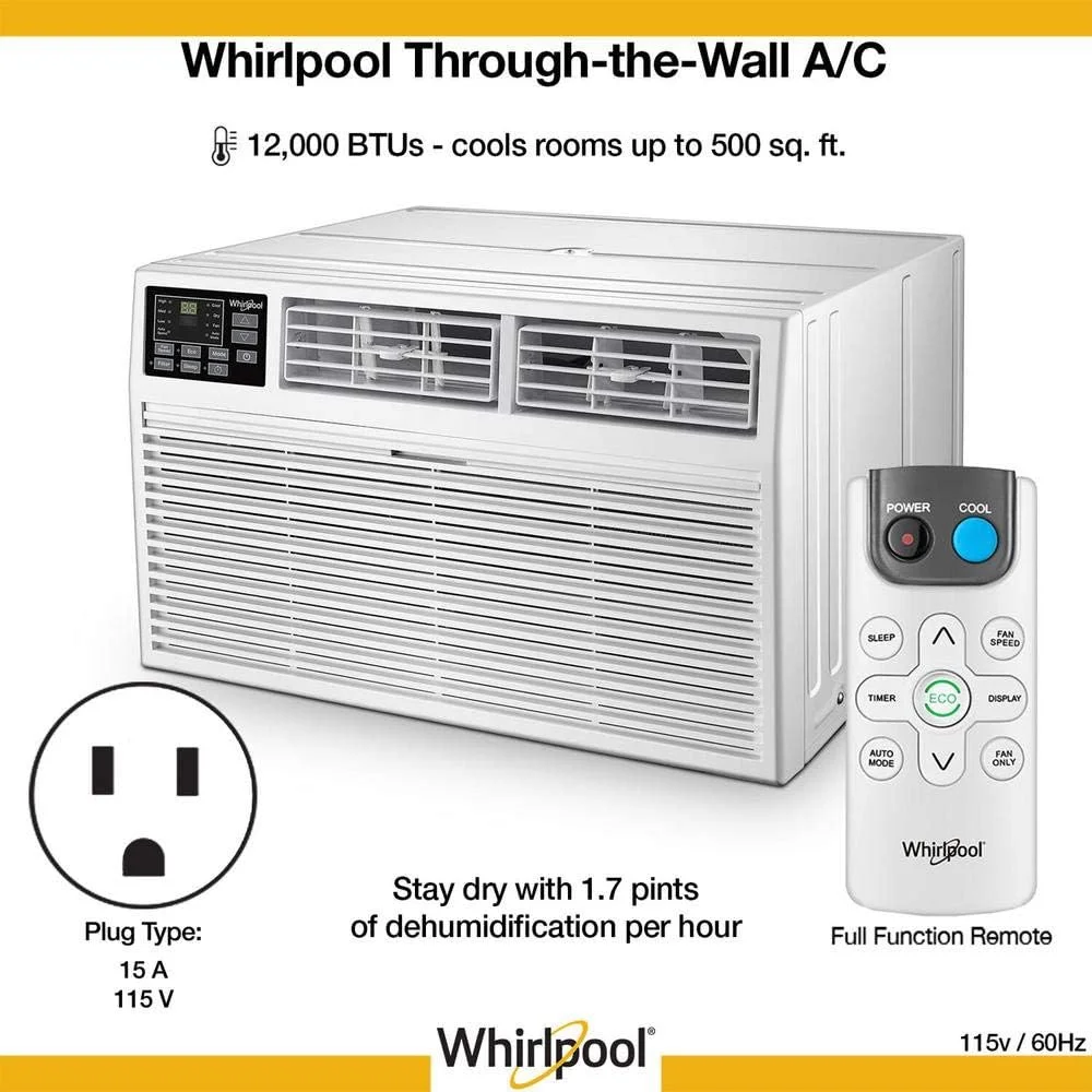 Whirlpool Energy Star 12,000 BTU Through-the-Wall Air Conditioner for Rooms up to 550 Sq.Ft. and Dehumidifier up to 1.7 pints/hour with Remote Control, Digital Display, and 24H Timer