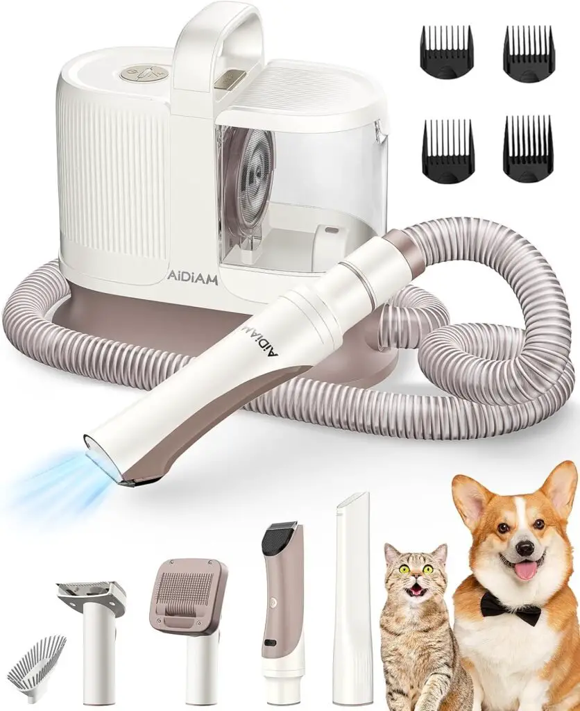 AIDIAM Dog Grooming Kit Low Noise, 3-Mode Pet Grooming Vacuum, 5-in-1 Pet Grooming Kit with Vacuum, Remove 99% Pet Hairs, Shedding Deshedding Tools Hair Clipper for Cats, Dogs and Other Animals (1.3L)