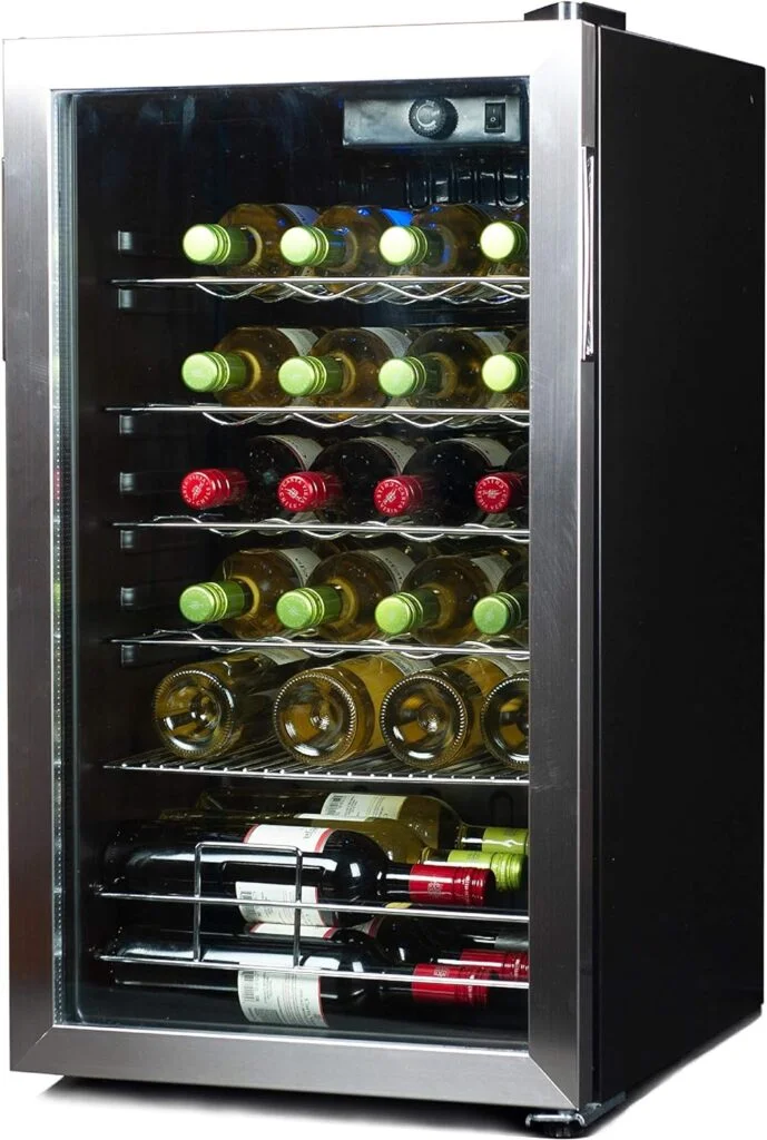 BLACK+DECKER Wine Cooler Refrigerator, 26 Bottle Compressor Cooling Wine Fridge with Blue Light LED Display, Freestanding Wine Cooler, BD61536