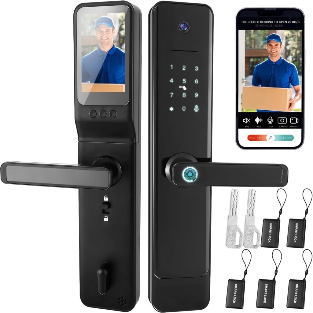 Copkim 4 in 1 Smart Door Lock with Video Camera and Monitor Wi-Fi Camera, Doorbell, Video Call, Fingerprint Keyless Entry Door Lock, App Control, Black