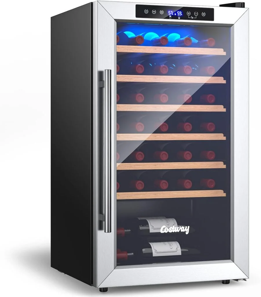 COSTWAY 20 Inch Wine Cooler, 33 Bottles Wine Refrigerator with 2-Layer Tempered Glass Door Dual Alarm Function, 41-61.5°F Temp Control, Built-In or Freestanding Mini Wine Fridge