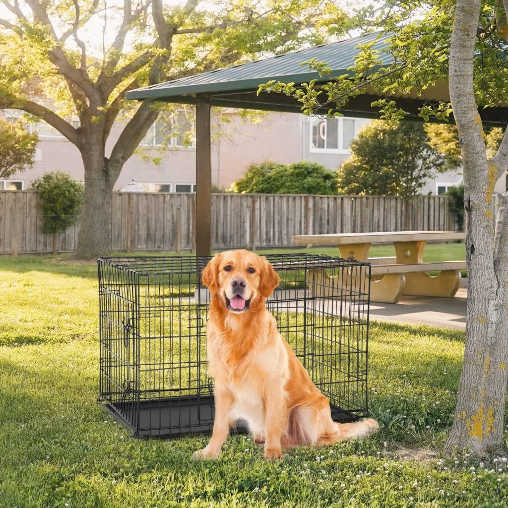 FDW Dog Crate Dog Cage Pet Crate for Large Dogs Folding Metal Pet Cage Double Door W/Divider Panel Indoor Outdoor Dog Kennel Leak-Proof Plastic Tray Wire Animal Cage (Black, 42 Inch)