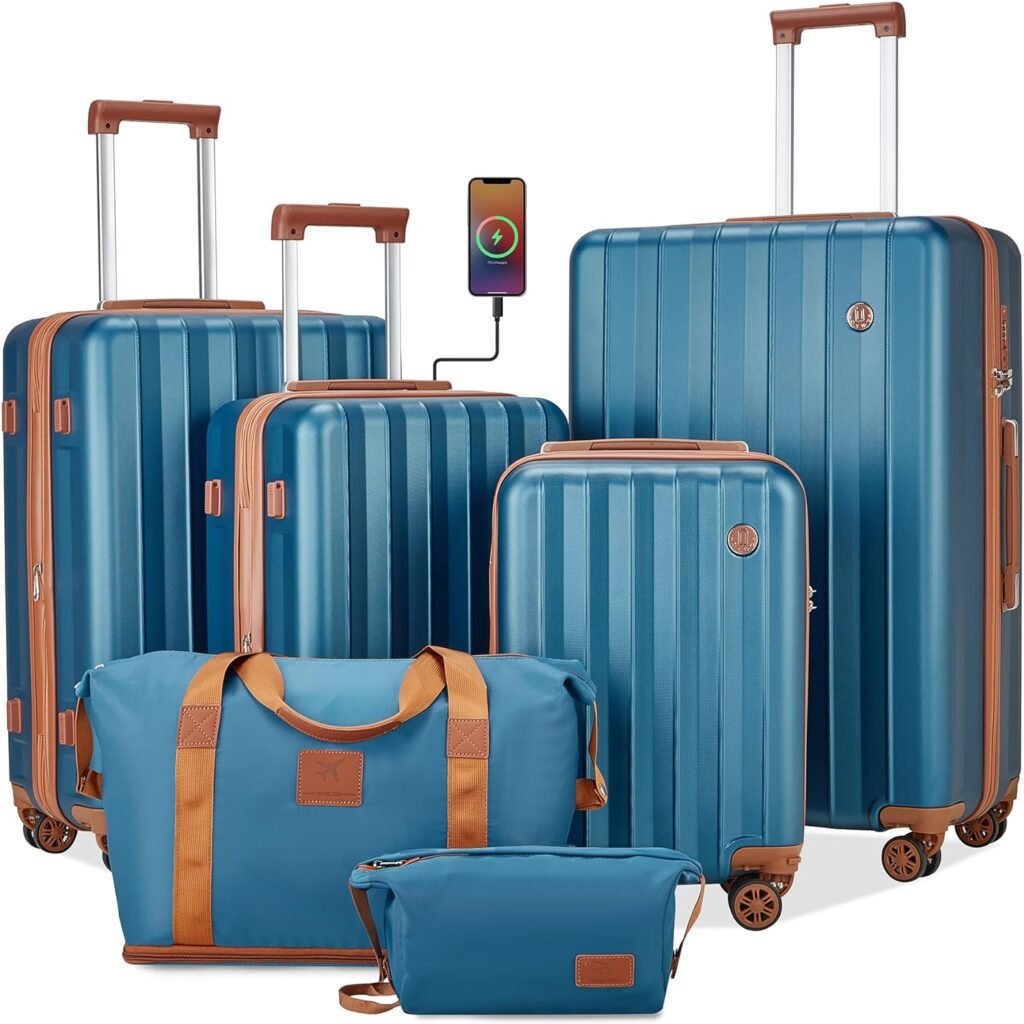 imiomo Luggage Sets 4 Piece Expandable Luggage Set,Hardside Carry on Suitcase with USB Port Cup Holder,Travel Luggage Suitcase with Spinner Wheels TSA Lock,Dark Blue Brown