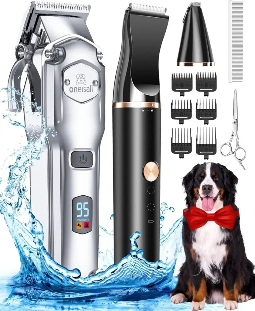 oneisall Dog Grooming Kit for Heavy Thick HairCoats/Low Noise Rechargeable Cordless Pet Shaver with Stainless Steel Blade and Dog Paw Trimmer/Waterproof Dog Shaver for Dogs Pets Animals