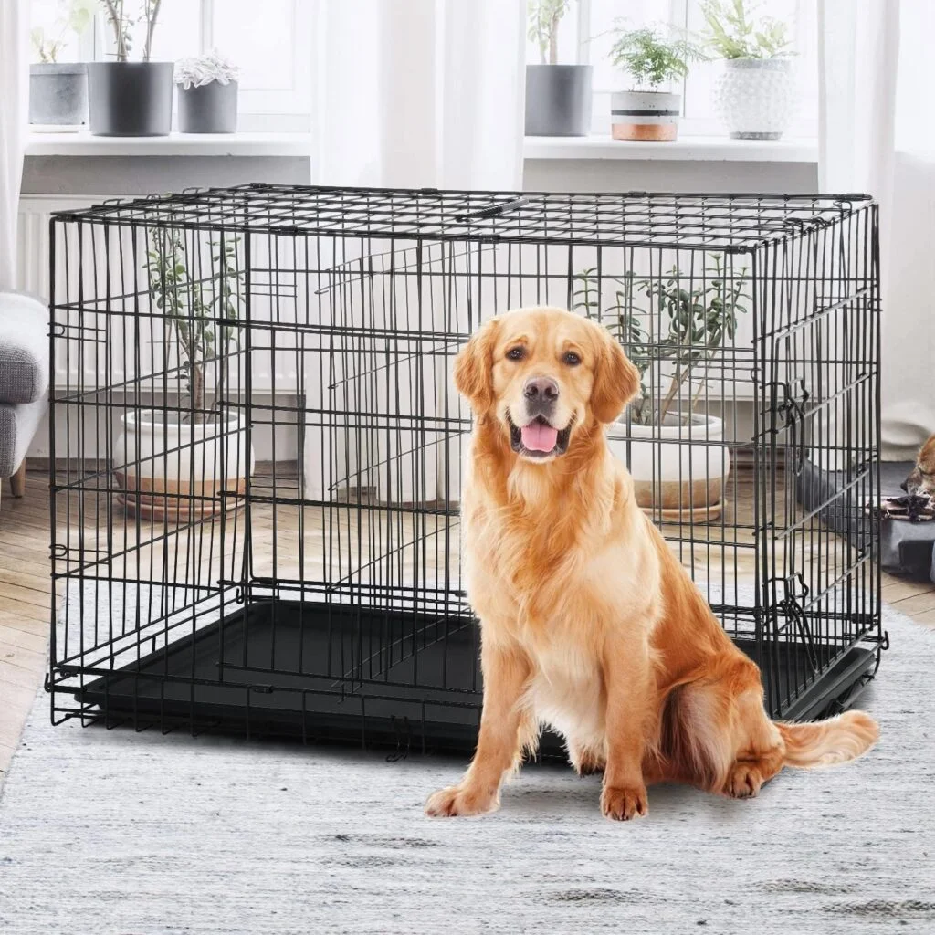 Pet Dog Crate, 48 Inches Large Dog Cage Double Door Folding Dog Crate Metal Wire Dog Kennel with Divider Panel Leak-Proof Plastic Pan, Indoor Outdoor Basic Pet Crates for Medium Large Breed Dog XL XXL