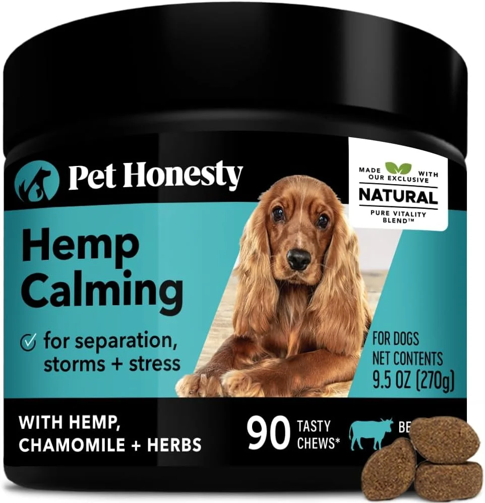 Pet Honesty Hemp Calming Chews for Dogs - Dog Anxiety Relief, Dog Calming Treats with Hemp + Valerian Root, Melatonin for Dogs - Helps Aid with Thunder, Fireworks, Chewing Barking (Beef Liver)