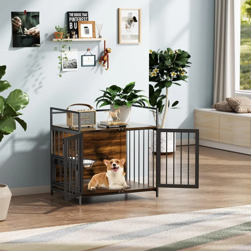 ROOMTEC Furniture Style Large Dog Crate with 360° Adjustable Raised Feeder for Dogs with 2 Stainless Steel Bowls -End Table Dog House with Dog Pad (41Inch = Int.dims: 39.7 W x 22.4 D x 25.1 H)