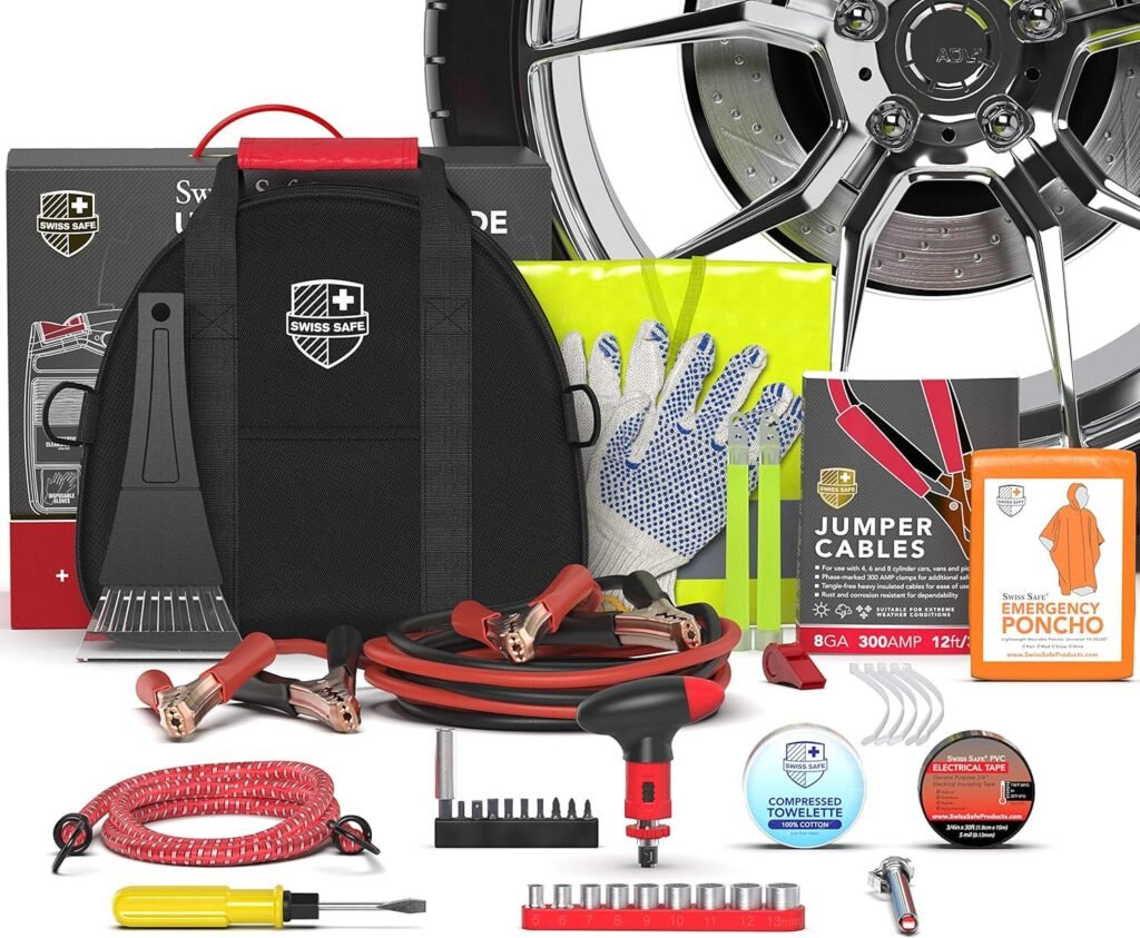 Swiss Safe 2-in-1 Emergency Car Kit, with Hardcase First Aid Kit (348 Piece), 12-Foot Jumper Cables