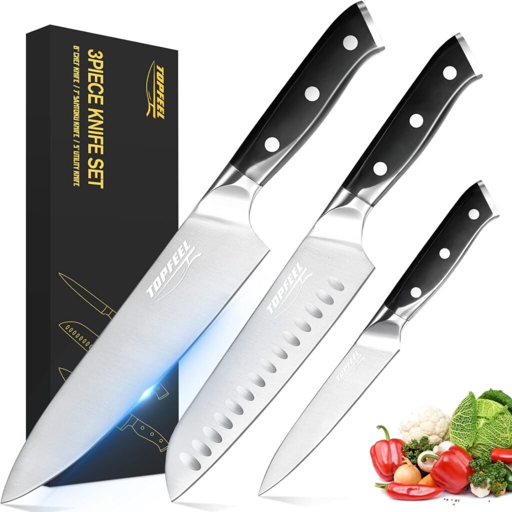 Topfeel Professional Chef Knife Set Sharp Knife, German High Carbon Stainless Steel Kitchen Knife Set 3 PCS-8 Chefs Knife 7 Santoku Knife5 Utility Knife, Knives Set for Kitchen with Gift Box