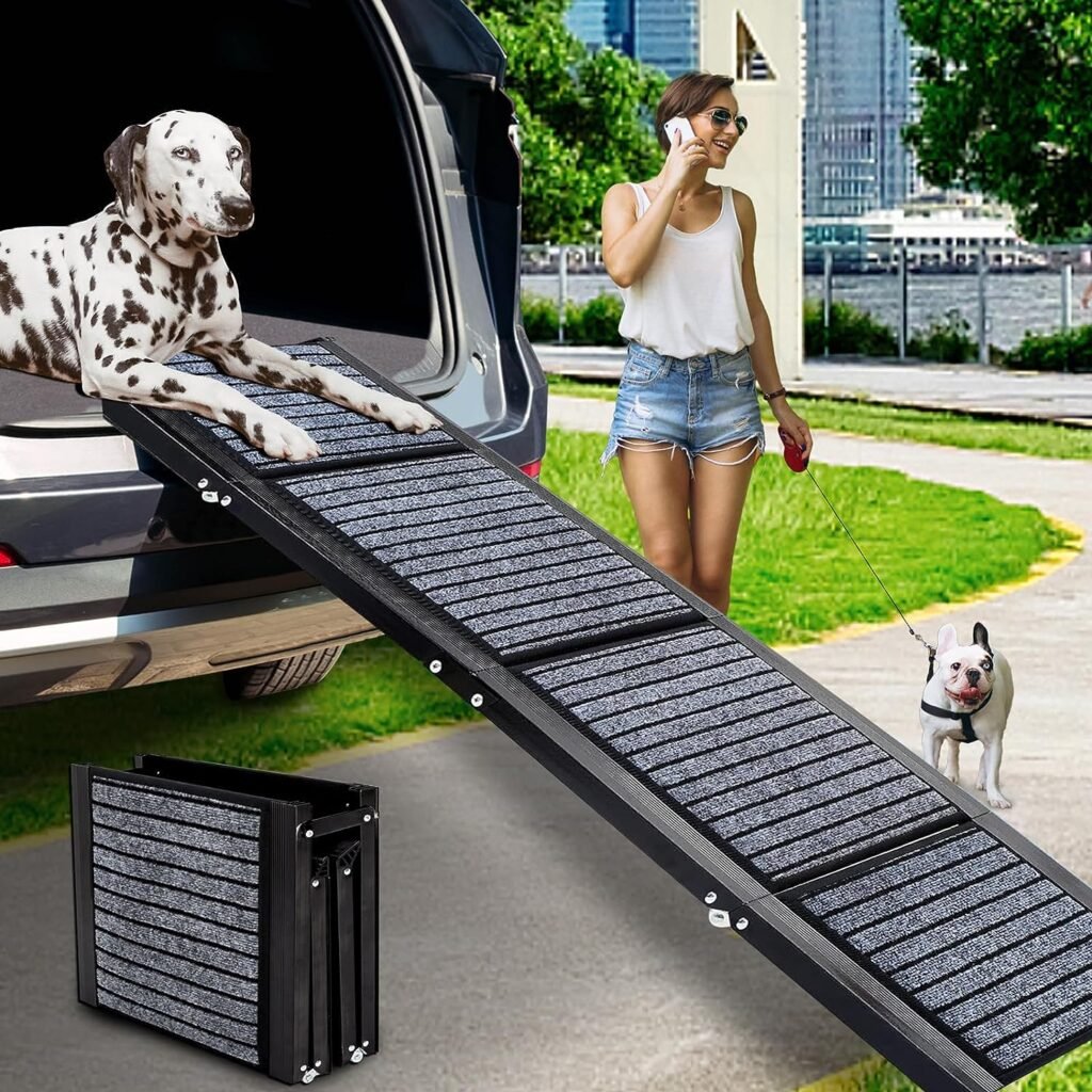 CJYMMFAN Folding Dog Car Ramp for Medium Large Dogs, Portable Pet Stair Ramp with Non-Slip Rug Surface, 62 Long 17 Extra Wide Dog Steps for Large Dogs Up to 200LBS Enter a Car, SUV Truck