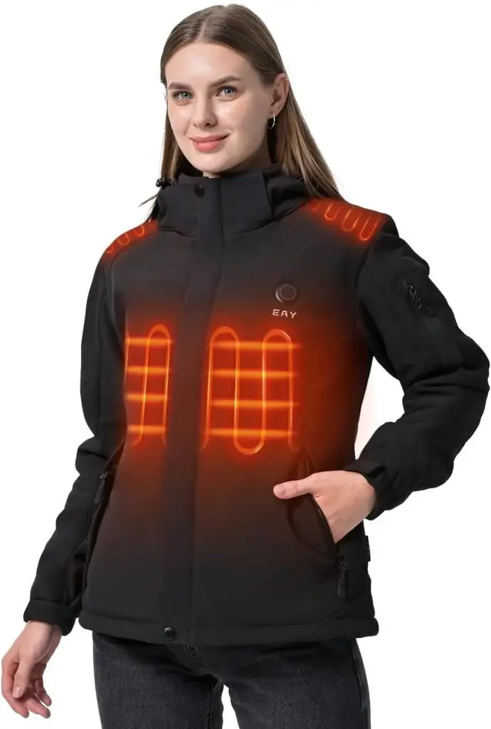 EAY Women’s Jacket with Battery Pack 7.4V and Detachable Hood, Rechargeable Waterproof Eletric Heated Coat for Women