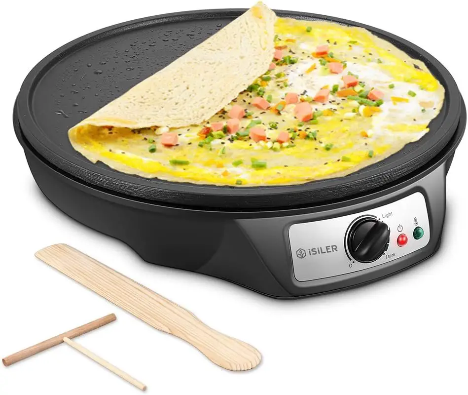 Electric Crepe Maker, iSiLER Nonstick Electric Pancakes Maker Griddle, 12 inches Electric Crepe Pan with Batter Spreader and Wooden Spatula, Precise Temperature Control for Roti, Tortilla, Eggs, BBQ