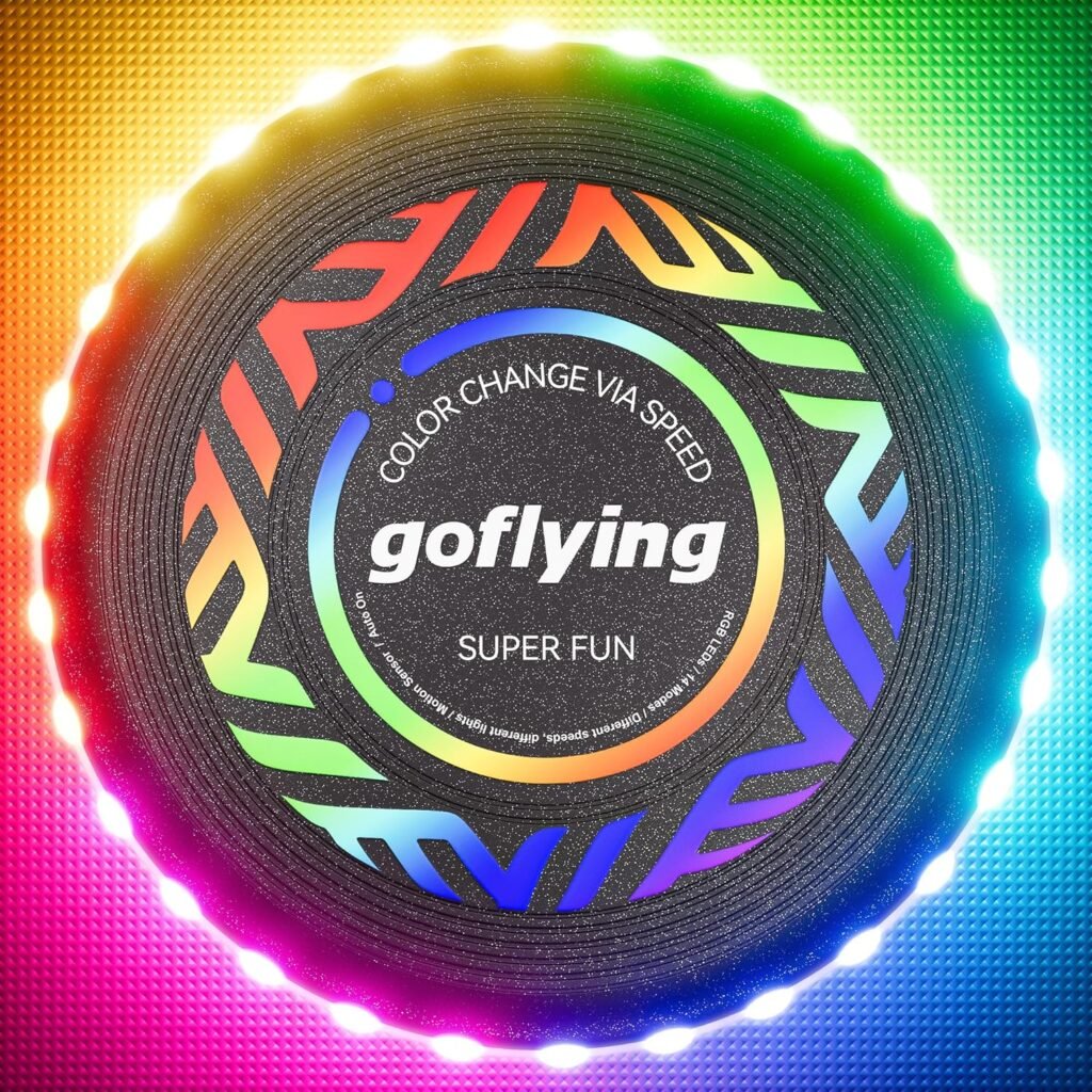 GOFLYING LED Flying Disc, 9 Adjustable Colors, 4 Adjustable Brightness, Rechargeable, 3WORKING Mode, Running RGB Light Mode/Single Color Mode/Competitive Mode, Gift for Men/Boys/Teens/Kids