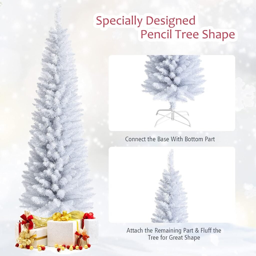 Goplus 6FT Pencil Christmas Tree, Artificial Slim White Christmas Tree with 340 PVC Needles Folding Metal Stand, Unlit Xmas Tree for Home Office Shops Hotels Decoration