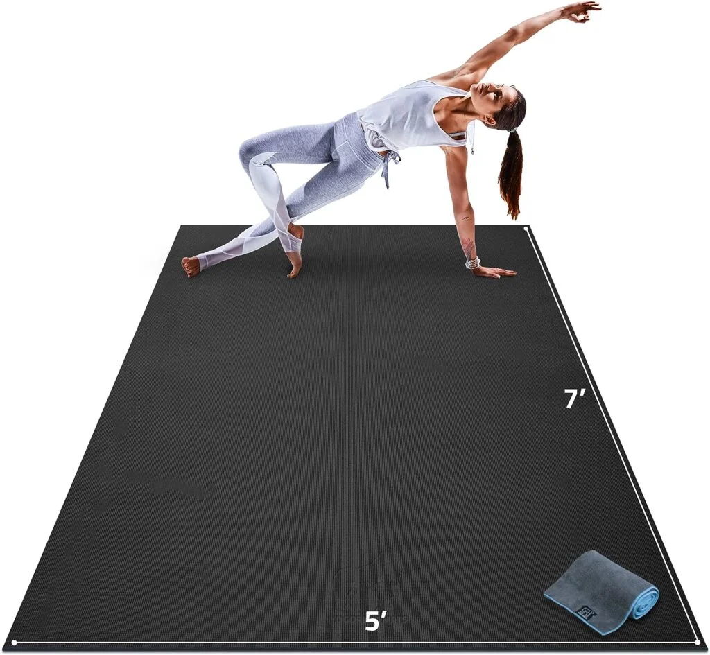 Gorilla Mats Premium Large Yoga Mat – 7 x 5 x 8mm Extra Thick Ultra Comfortable, Non-Toxic, Non-Slip Barefoot Exercise Mat – Works Great on Any Floor for Stretching, Cardio or Home Workouts