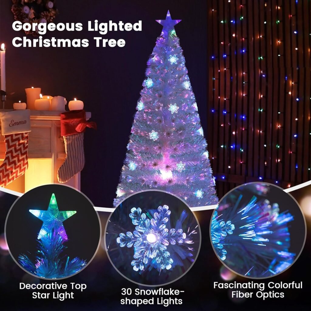 HAPPYGRILL 6FT Artificial Fiber Optic Christmas Tree, White Pre-lit Xmas Tree w/Iridescent Leaves, 30 Multi-Color Snowflake Lights, Top Star Light, Seasonal Tree for Home Office Party