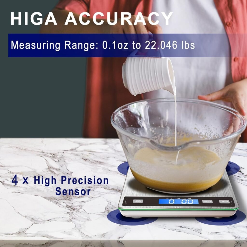 hito Food Scale, 22lb Digital Kitchen Scale Weight Grams and oz, Rechargeable Waterproof, for Weight Loss, Cooking and Baking, 1g/0.1oz Precise Graduation, Ash Silver