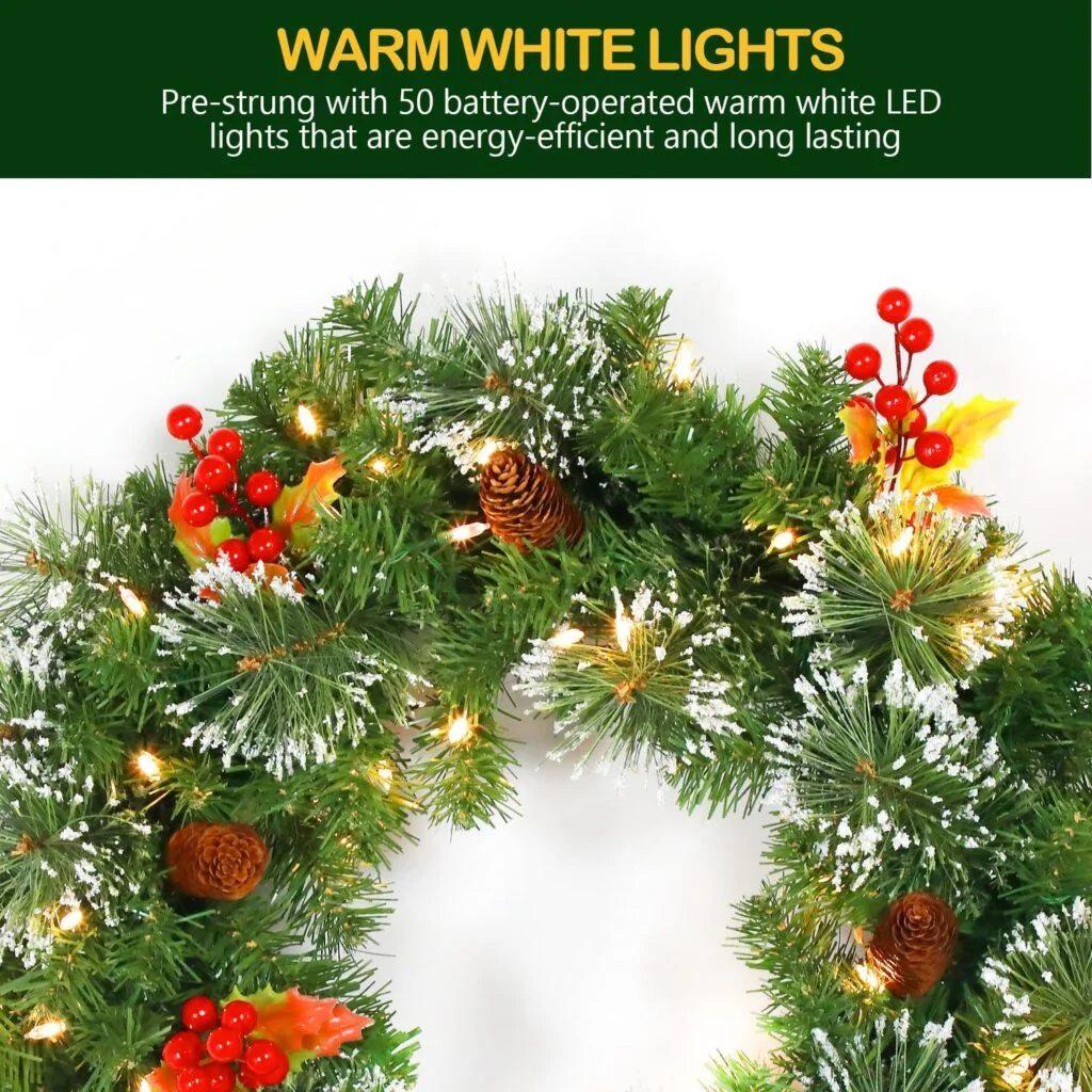 Hykolty 30 in. Pre-Lit Artificial Christmas Wreath Wintry Pine with 100 Warm White LED Lights, Battery Operated, Adorned with Pinecones, Red Berries, Holly Leaves and Snowflakes