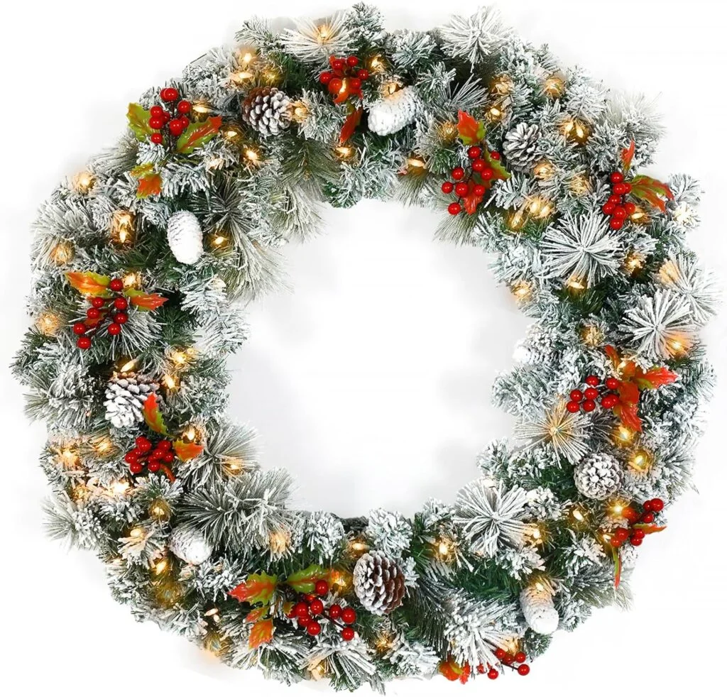 Hykolty 30 in. Snow Flocked Artificial Christmas Wreath, Wintry Pine Pre-lit Christmas Wreath with 100 Warm White LED Lights, Battery Operated, Adorned with Pinecones, Red Berries, and Snowflakes