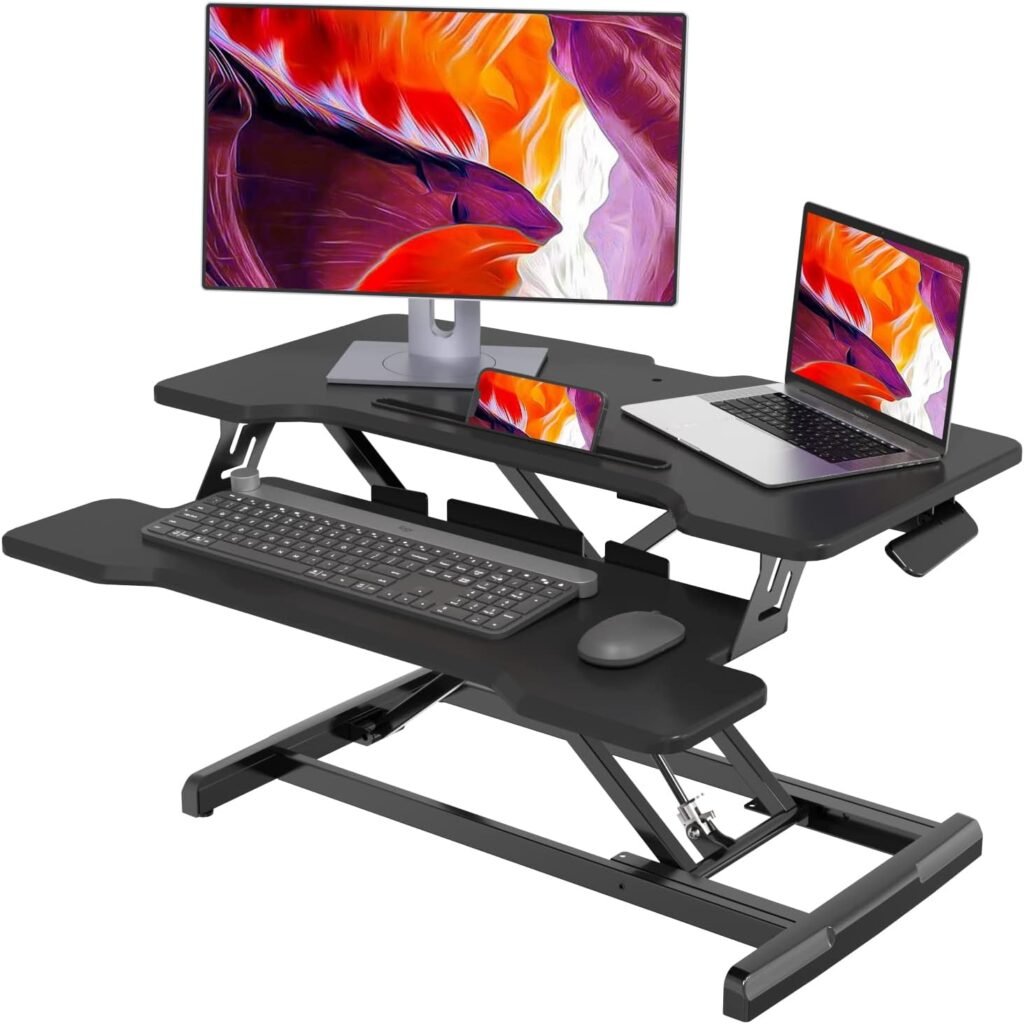 Joy Seeker Standing Desk Converter 30 Inches Stand up Desk Riser, Height Adjustable Dual Tier Sit Stand Tabletop Monitor Riser Workstation for Home Office with Deep Keyboard Tray for Laptop