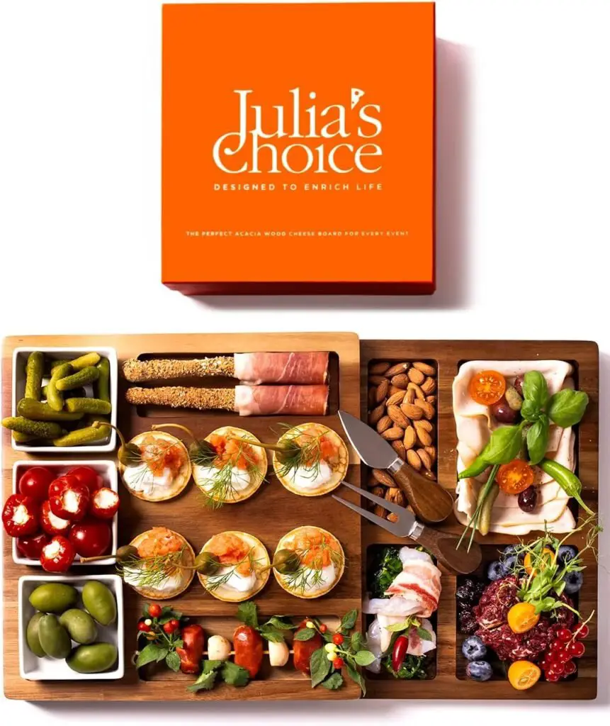 Julias Choice Charcuterie Board Set - Cheese Board Set - Wood Serving Board – Compact Swivel Cheese Board with Knives and Bowls – Wedding Gifts - Bridal Shower Gifts - House Warming Gifts New Home